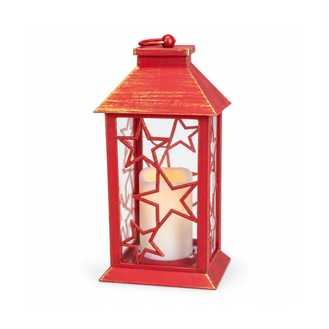 Red LED Christmas Lantern 30 cm, Wax with Flame Effect, for Hanging or Placing, 14x14x30 cm, 2 Decorations Available: Stars or Snowflakes