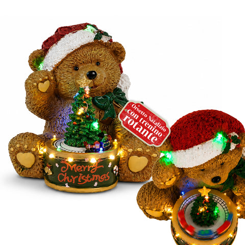 Luminous Christmas Bear with Rotating Train and Music Box, Teddy XMAS Bear Station, LED Christmas Decoration in Polyresin 20.5 cm
