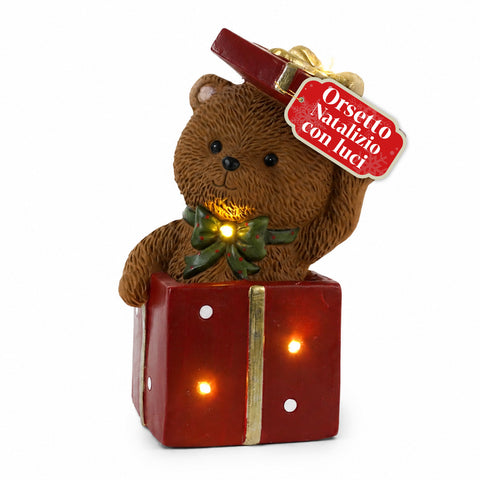 Christmas bear made of polyresin with gift package, 2 variants, pinpoint LED lights, battery-powered, carefully crafted finishes, stable base