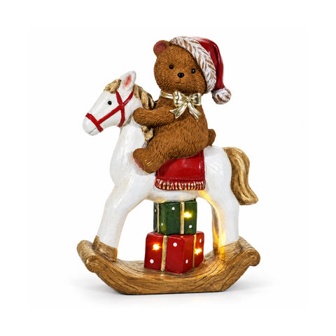 Light-Up Teddy Bear on Rocking Horse with LED, Decoration H40 cm