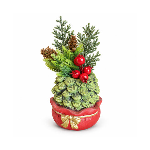 Ornamental mini tree 20 cm, Christmas table decoration with pinecones, red berries, and a raised bow, 2 variants in red and gold