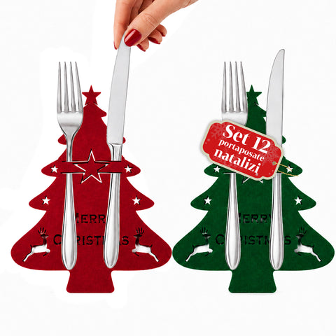 Christmas Fabric Cutlery Holders, Set of 12, Tree-Shaped