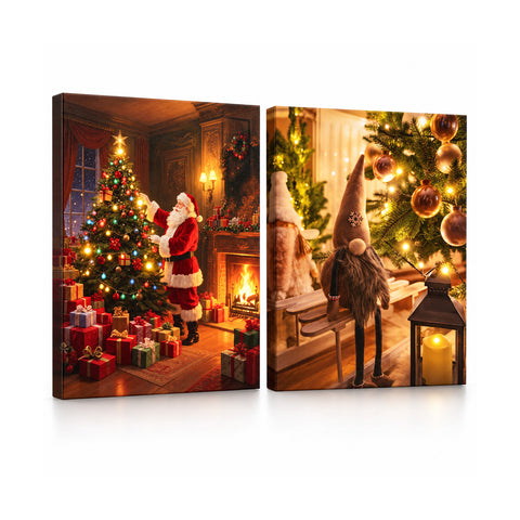 Christmas paintings with LED lights, set of 2, 30x40 cm: Santa Claus, reindeer, a gnome, and trees that light up, battery-operated with a switch