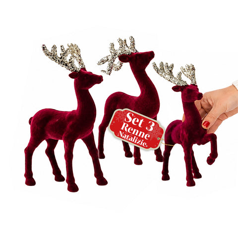 Red Velvet Reindeer Christmas Set, 3 Pieces, Table Decoration