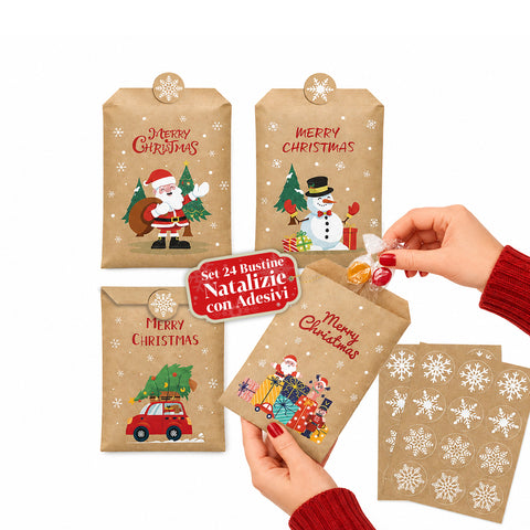 Christmas Gift Bags Set of 24 Kraft Paper Bags with Stickers