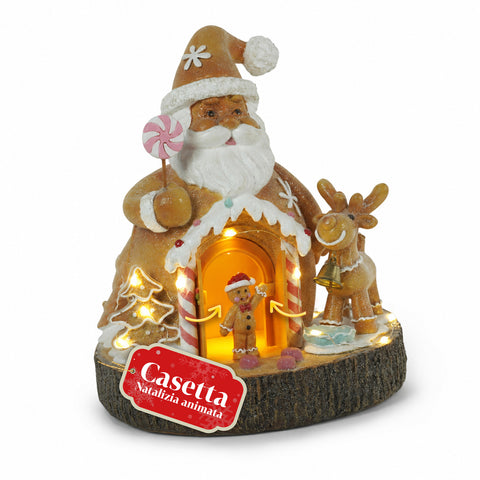 Santa Ginger - Gingerbread Santa Claus Christmas Decoration with LED Lights, Music and Opening Door, Luminous Resin House 20.6 cm