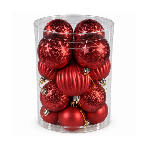 Set of 16 Unbreakable Christmas Baubles 7 cm - 4 Assorted Finishes: Glossy, Matte and Glitter - Tree and Home Decorations - Red, Gold, Silver