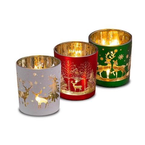 Set of 3 decorative Christmas limited-edition glass candle holders