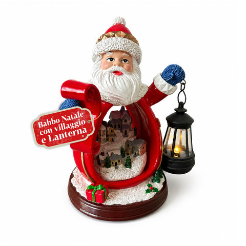 Santa Claus Figurine with Village and Resin Lantern, 16x19 cm