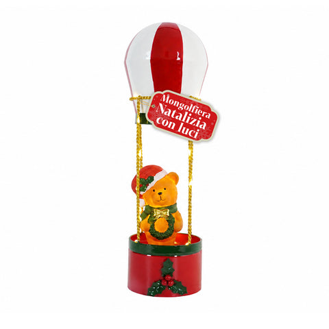 Teddy SkyFloat - Luminous Christmas metal hot-air balloon with teddy bear, LED lights and battery-powered golden ropes, 37 cm tall, with garland and holly