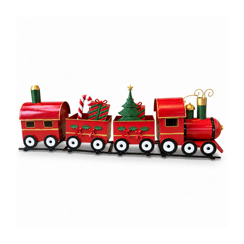 Decorative floor-standing Christmas train, 130 cm, with carriages loaded with gifts and a battery-powered LED tree