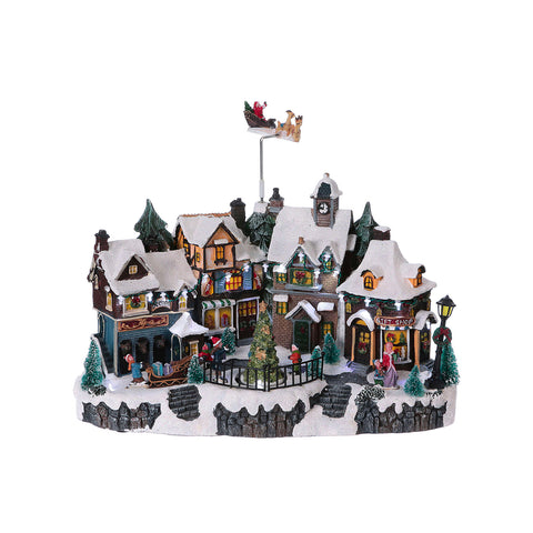 Animated Helsinki Christmas Village with LED Lights and Christmas Music, Snow-Covered Polyresin Houses, Winter Decoration 22,5x32,5x21,5 cm