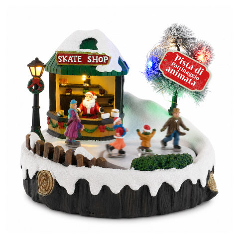 GlideRink Illuminated Christmas Village, Animated Ice-Skating Rink with Music and LED Lights, Resin Decoration 20,8x20,7x17,2 cm, Battery-Powered with AA Batteries