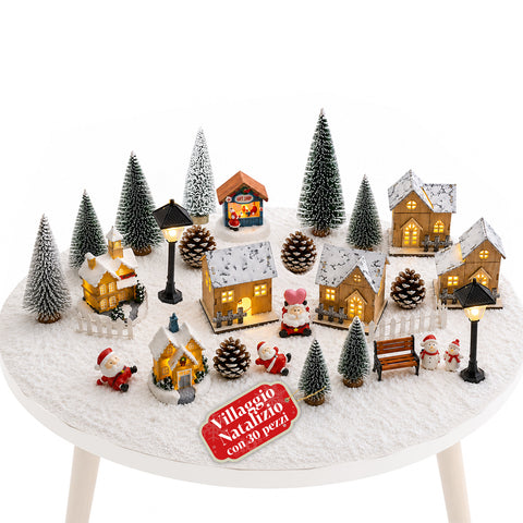 30-Piece Christmas Village in Resin with Illuminated Cottages and Snow