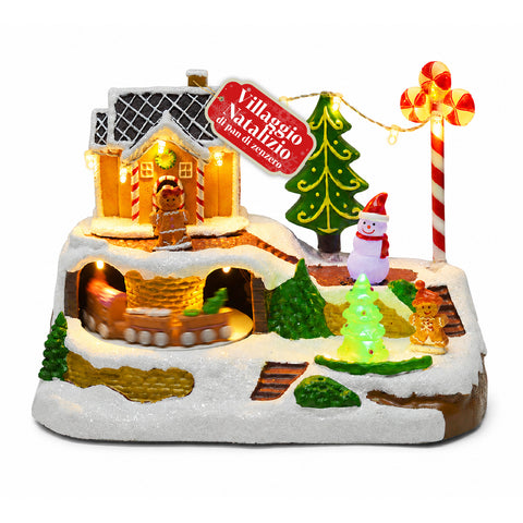 Bright Candy Town Christmas Village with Moving Train and 8 Melodies, LED Gingerbread House, Christmas Decoration 23.5 cm