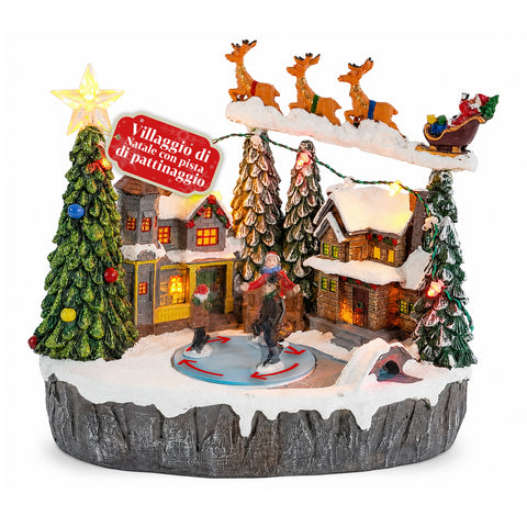 Snowtime Illuminated Christmas Village with Animated Ice-Skating Rink, LED Lights and Music, Santa Claus's Sleigh, Polyresin 21,5x15,8x22,5 cm