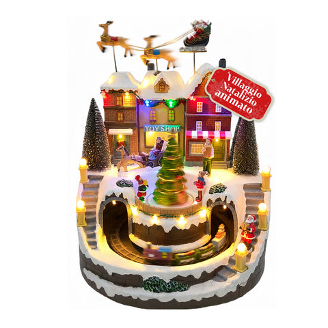 Bright Christmas Village Xmas Town Battery-Powered with LED Lights, Music, Rotating Tree, Moving Train and Santa Claus’s Sleigh, 27x25x34 cm