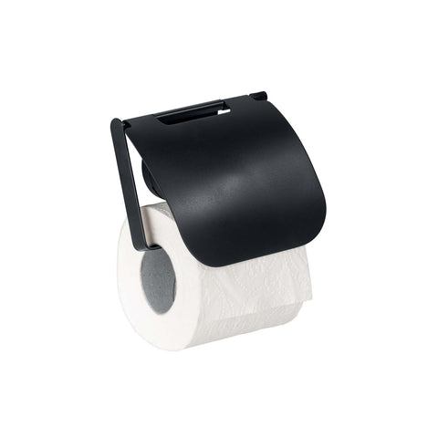 Black toilet paper holder with lid