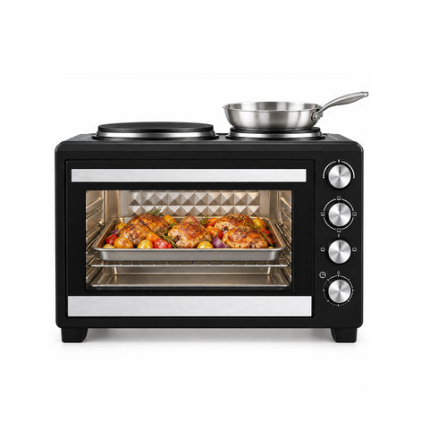 40L Electric Oven with Double Electric Hotplate, Grill, 5 Cooking Modes, 120-Minute Timer, 100-250°C and Double-Glass Door