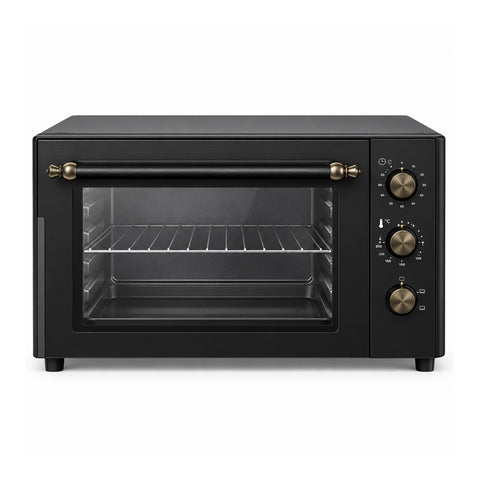 70-liter countertop electric oven with adjustable thermostat, timer with alarm, interior light, steel handle, and matte black finish
