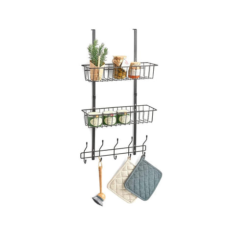 Multipurpose over-the-door rack with 5 hooks and 2 metal baskets