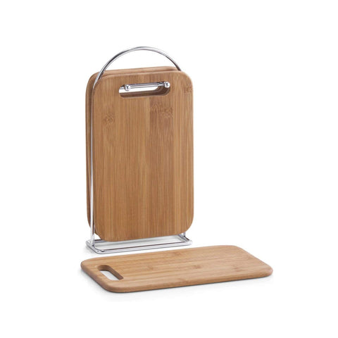Set of 4 wooden cutting boards with metal organizer