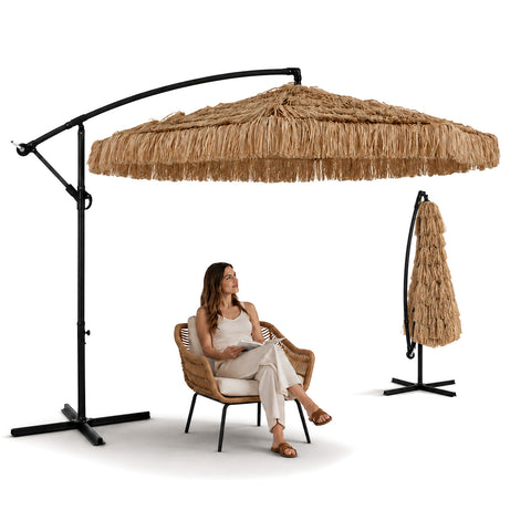 Garden Lampara Parasol with Raffia Effect – Height 2,75m, Carbon Steel Frame with Crank and Cross Base