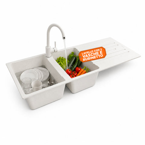 Double-Bowl Kitchen Sink with or without Drainer, White or Black, Tap Included