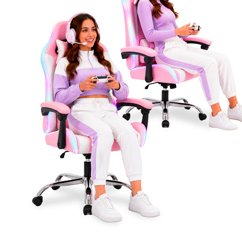 Ergonomic Gaming Chair with RGB Lights and Massaging Lumbar Cushion, Reclining Office Chair with Remote Control
