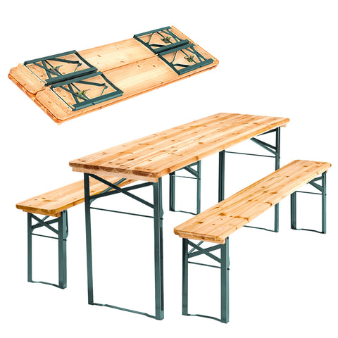 Wooden folding outdoor table and 2 benches set