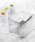 Contenitore trasparente con ghiaccio tritato fine e paletta in acciaio inox, bicchieri con agrumi per cocktail e bevande fresche