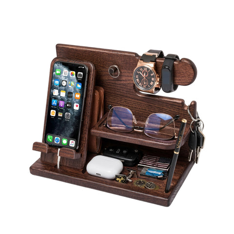 Wooden Desk Organizer with Smartphone Stand and Watch Holder – Includes Charging Cable Compartment – 25.5x15x18.5 cm