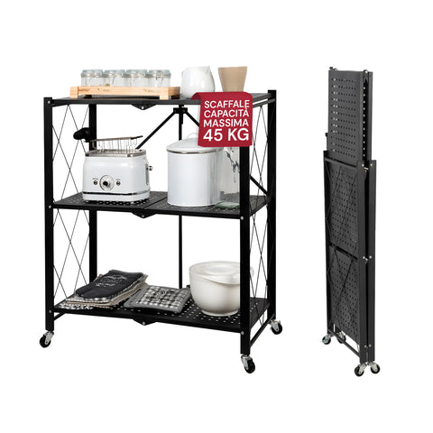 Collapsible Folding Black Shelf with 3 Durable Metal Shelves