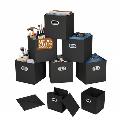 Set of 6 Foldable Space-Saving Baskets with Plastic Handles – 27x27x27 cm