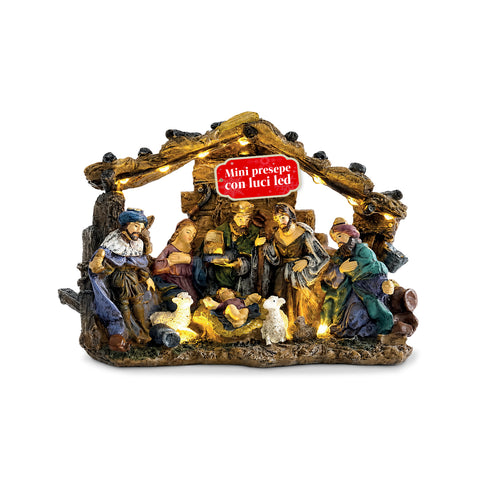 HolyGlow Nativity Scene in Polyresin with LED Lights and ON/OFF Switch, Rustic Stable and Stable Base, 23x11.5x17 cm