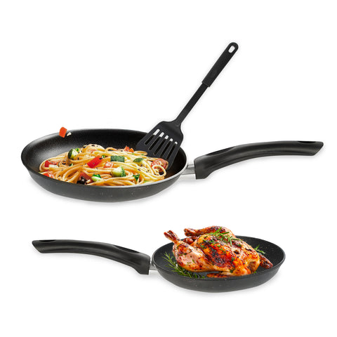 Set of 2 Non-Stick Frying Pans, 20-24cm, and Slotted Spatula - Augusta Marble-Effect Line