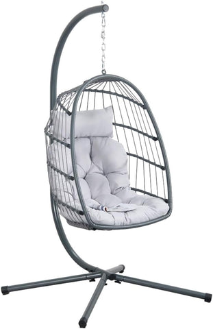 Gray Rattan Hanging Rocking Chair with Cushions and 140 kg Weight Capacity