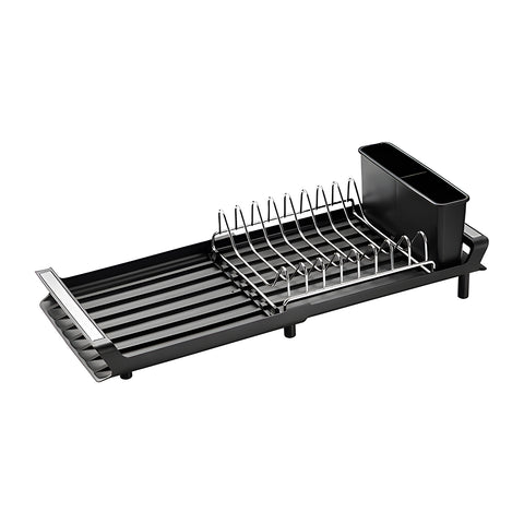 Space-Saving Extendable Black Dish Rack with Elegant Cutlery Holder