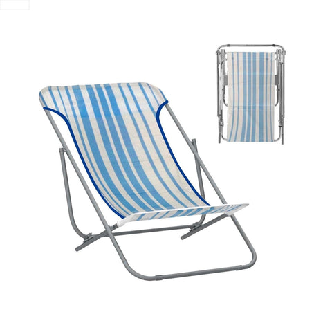 Beach Folding Outdoor Lounger in Steel and White-Blue Textilene