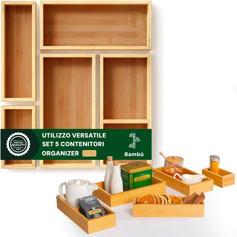 Set of 5 Modular, Space-Saving, Multi-Purpose Bamboo Organizers for Home and Kitchen