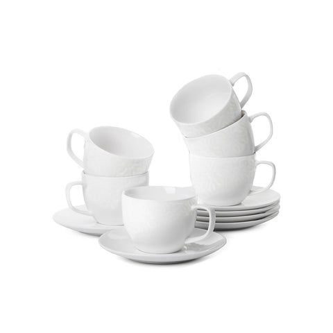 Set of 6 Porcelain Coffee Cups, 80cc, with Saucers - Raised Floral Decoration