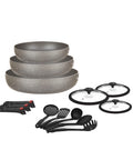Set padelle 12 pezzi Bavaria grigie ad induzione con manici removibili, 3 coperchi e 5 mestoli in nylon inclusi