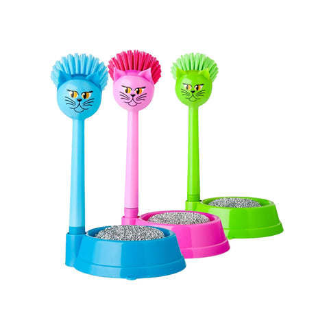Pet Bowl Cleaning Set with Cat Brush and Abrasive Sponge