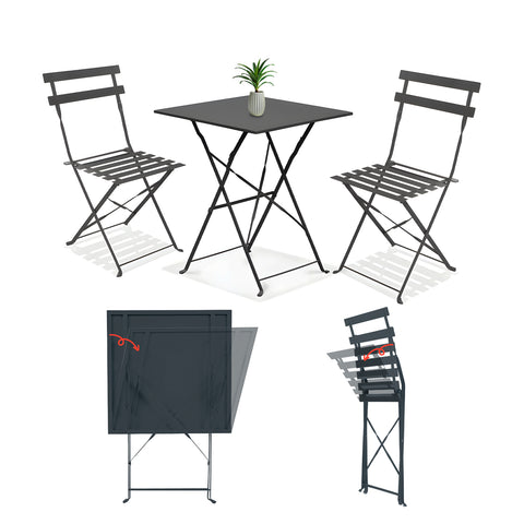 Koby Lounge Set with Table and 2 Foldable Anthracite Metal Chairs