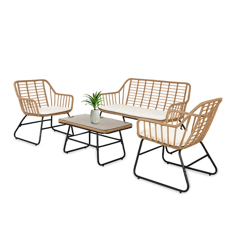 Cebu Lounge Set with Glass Table, Sofa and 2 Poly rattan Armchairs