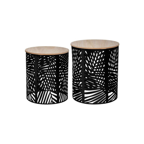 Set of 2 Stackable Wood and Metal Tables, Black