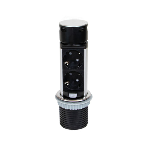 Vertical retractable power strip block with 2 Schuko EU sockets and 2 USB ports ø 6cm