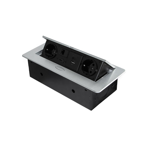 Recessed EU desk power strip with 2 Schuko sockets, USB A+C, RJ45, HDMI, aluminum