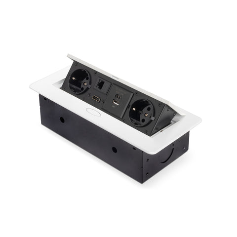 Recessed EU desk power strip with 2 Schuko sockets, USB A+C, RJ45, HDMI, white
