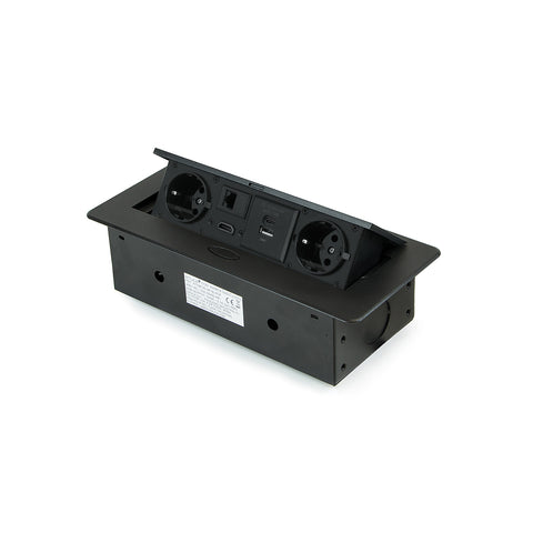 Recessed EU desk power strip with 2 Schuko sockets, USB A+C, RJ45, HDMI, black